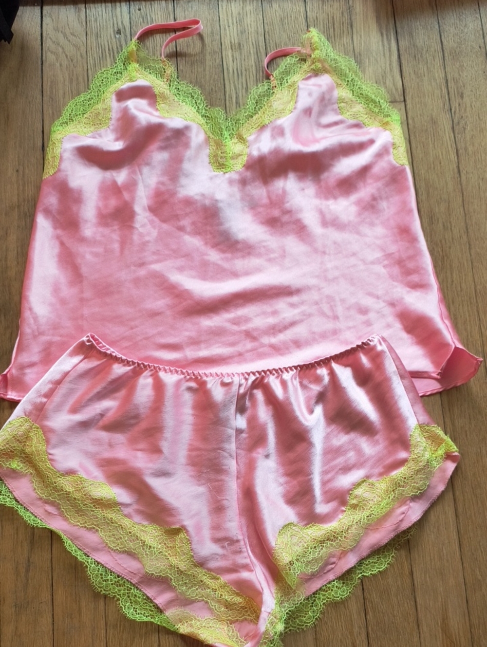 Victoria's Secret Pink Satin Cami & Shorts with Yellow Lace
